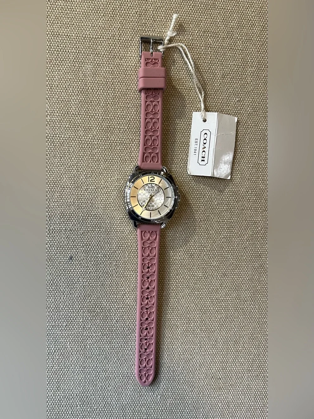 Coach Boyfriend Watch With 34mm Silver Face & Pink Silicone Band